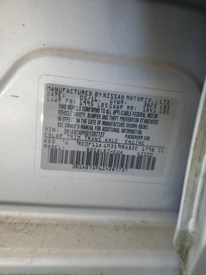 2016 Nissan Sentra VIN 3N1AB7AP6GY287737 Copart auction photo, front end / side damage thumbnail 14