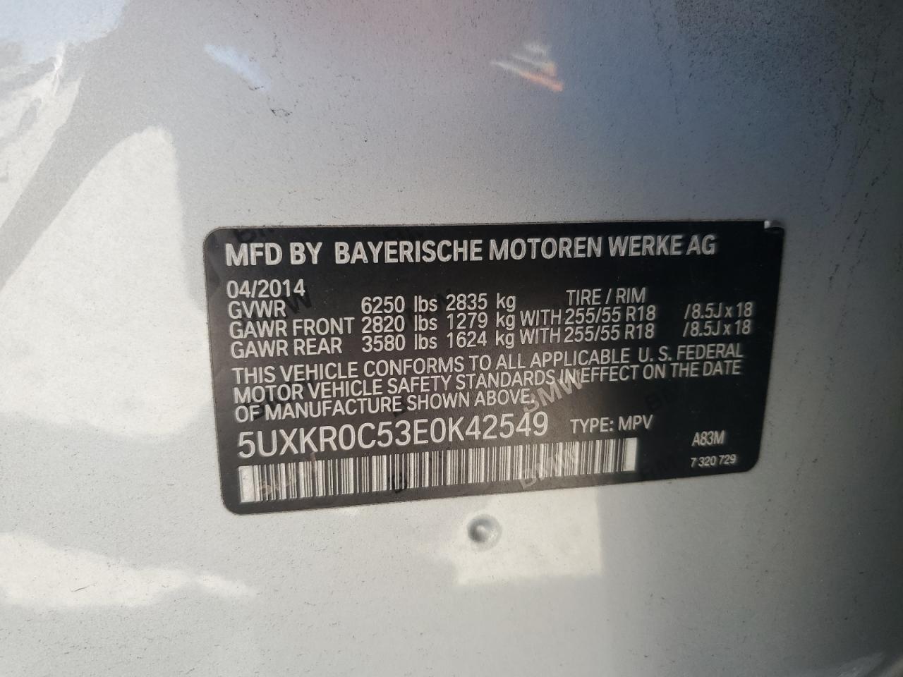 2014 BMW X5 VIN 5UXKR0C53E0K42549 Copart auction photo, front end / side damage thumbnail 14