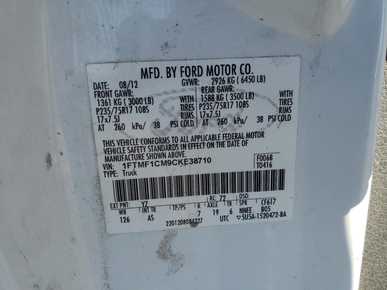 2012 Ford F-150 VIN 1FTMF1CM9CKE38710 Copart auction photo, front end / top/roof damage thumbnail 14