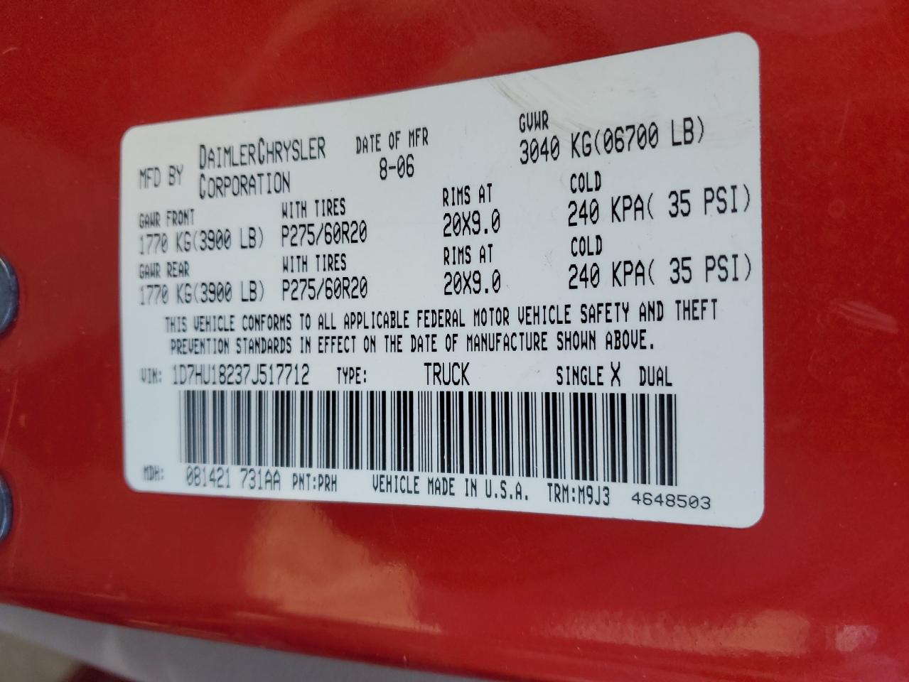 2007 Dodge RAM VIN 1D7HU18237J517712 Copart auction photo, front end / undercarriage damage thumbnail 14