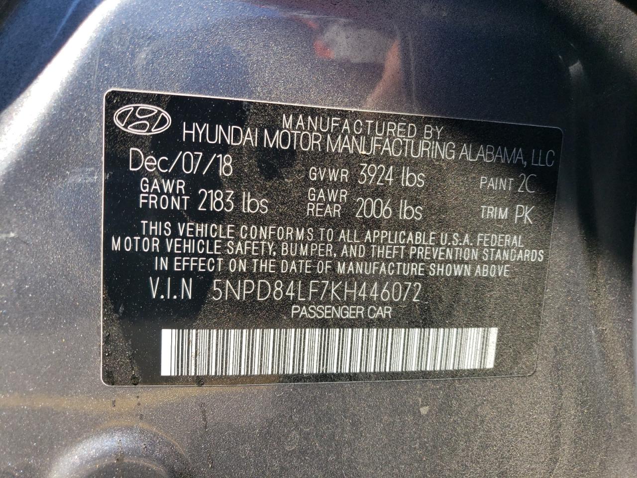 2019 Hyundai Elantra VIN 5NPD84LF7KH446072 Copart auction photo, vandalism damage thumbnail 12