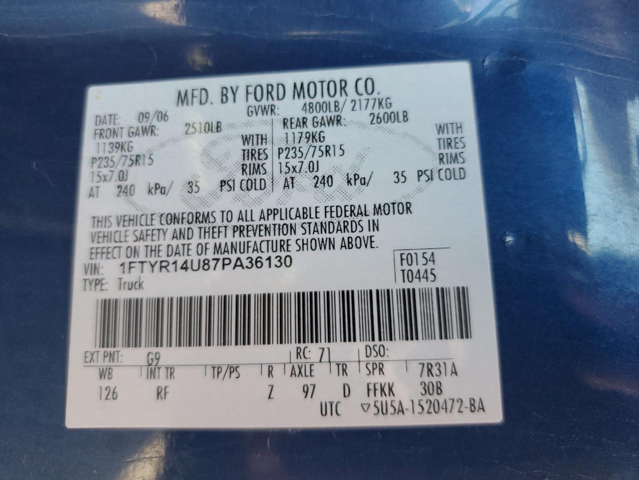 2007 Ford Ranger VIN 1FTYR14U87PA36130 Copart auction photo, front end damage thumbnail 12
