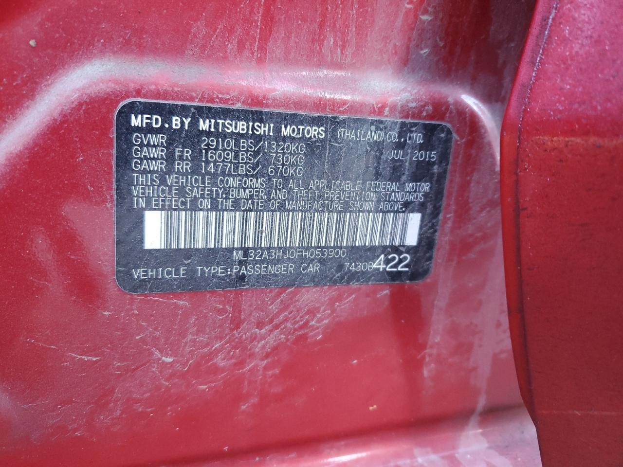 2015 Mitsubishi Mirage VIN ML32A3HJ0FH053900 Copart auction photo, front end damage thumbnail 12