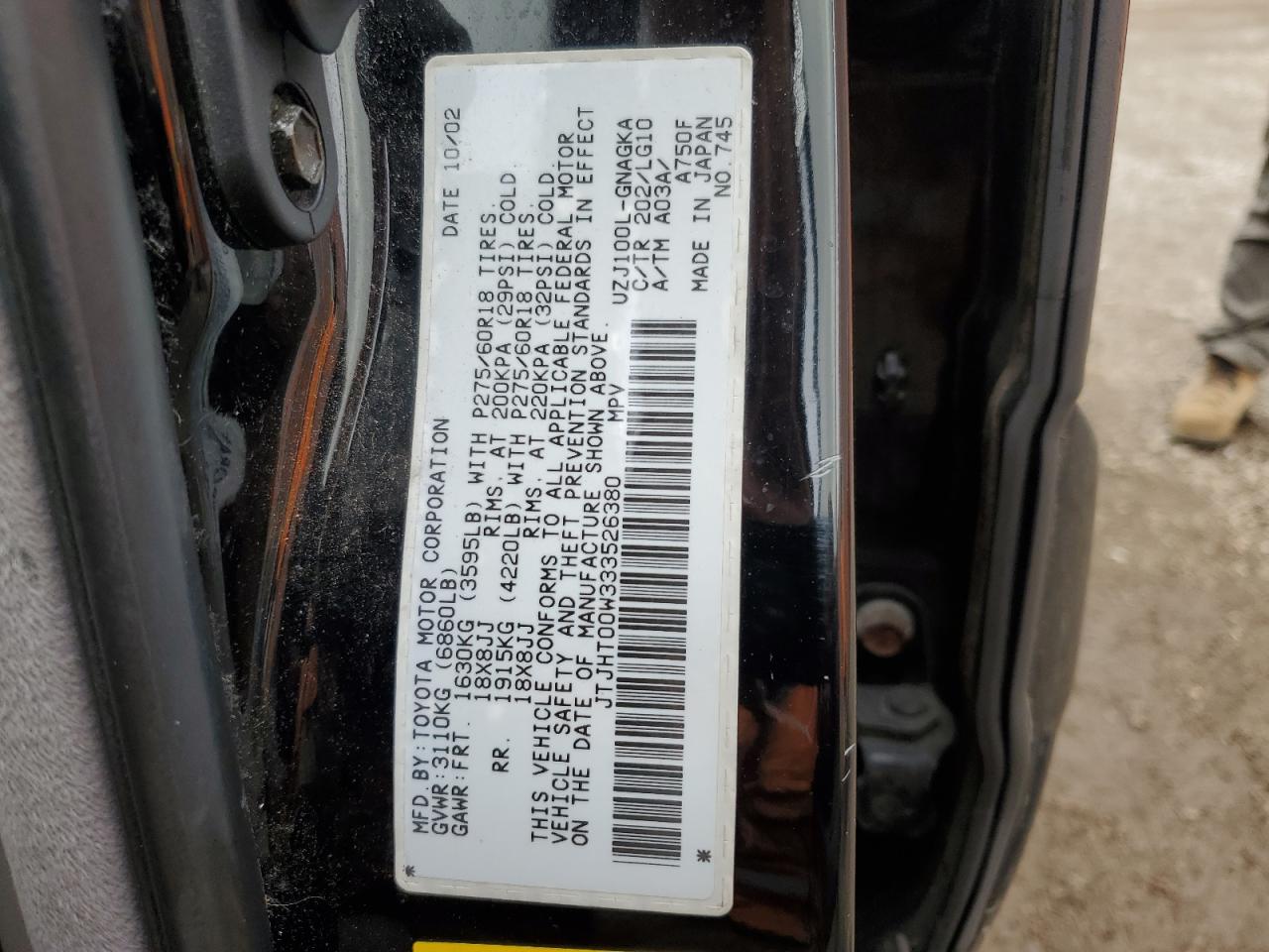 2003 Lexus LX VIN JTJHT00W333526380 Copart auction photo, front end / minor dent/scratches damage thumbnail 14