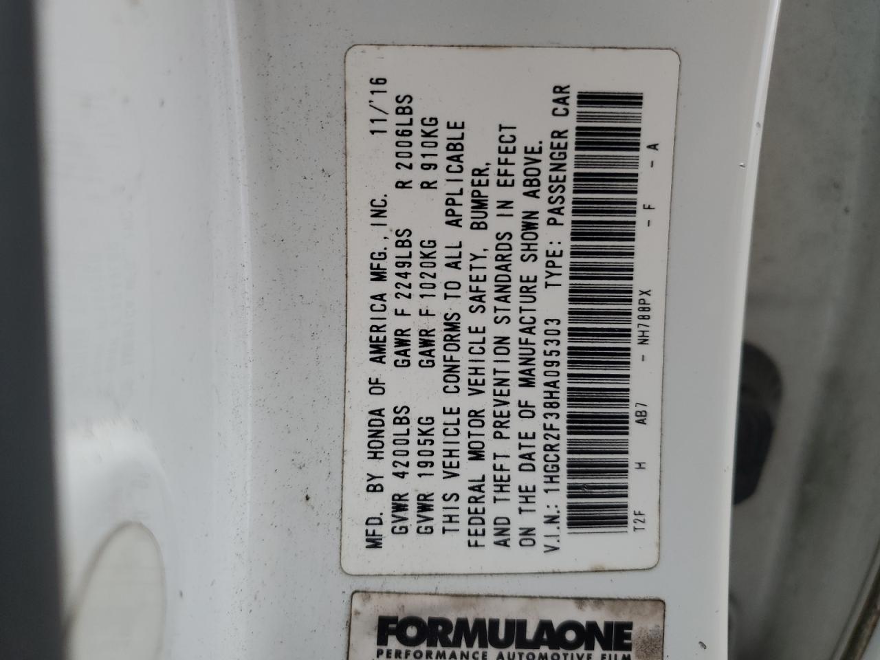 2017 Honda Accord VIN 1HGCR2F38HA095303 Copart auction photo, side / rear end damage thumbnail 14