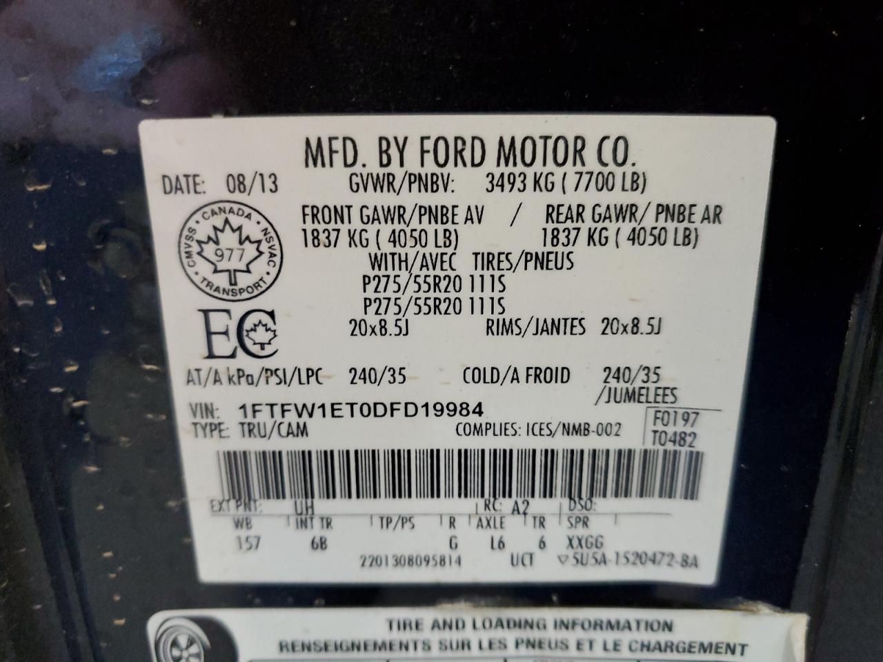 2013 Ford F-150 VIN 1FTFW1ET0DFD19984 Copart auction photo, front end / side damage thumbnail 14