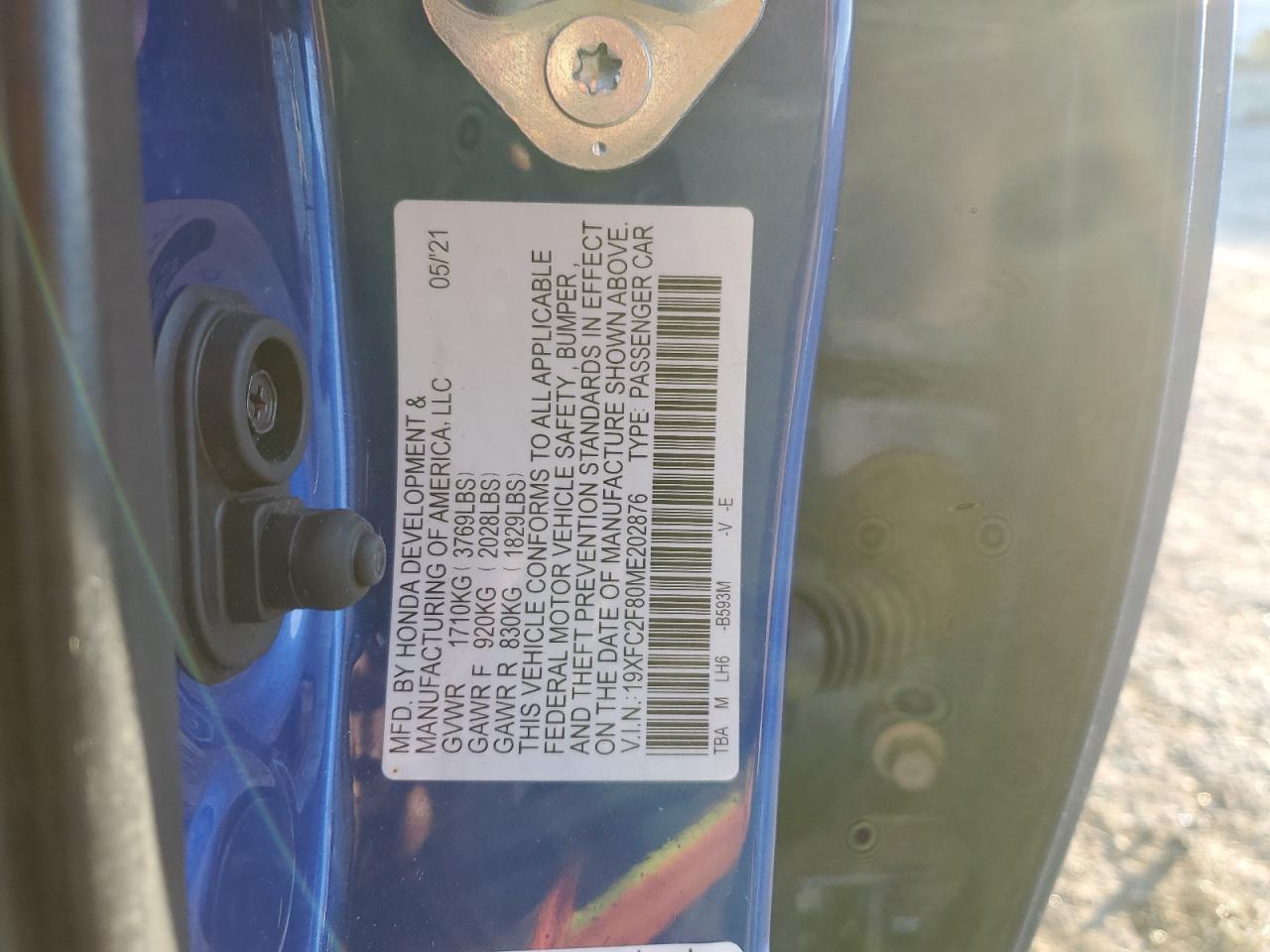 2021 Honda Civic VIN 19XFC2F80ME202876 Copart auction photo, front end / rear end damage thumbnail 13