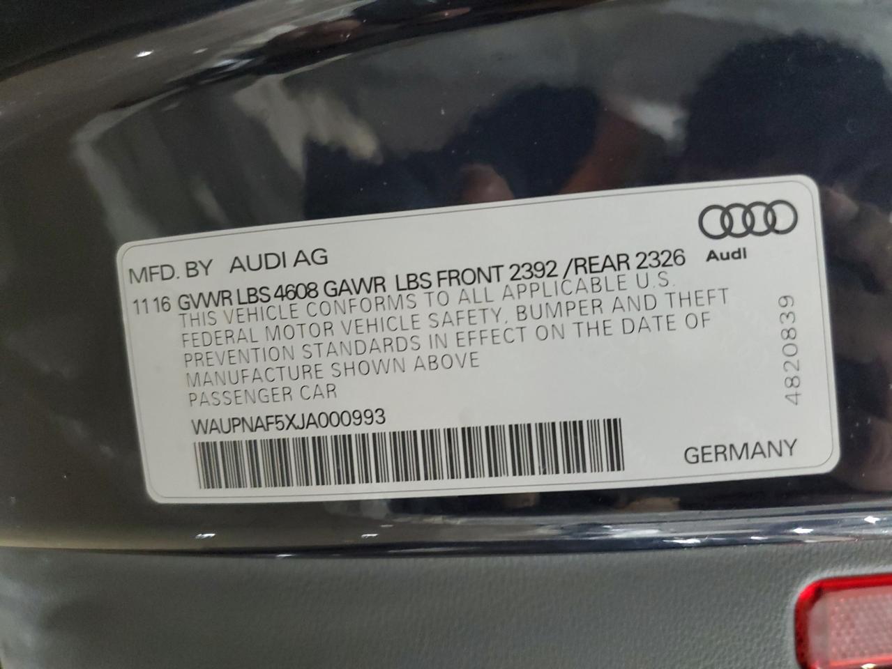 2018 Audi A5 VIN WAUPNAF5XJA000993 Copart auction photo, front end damage thumbnail 15