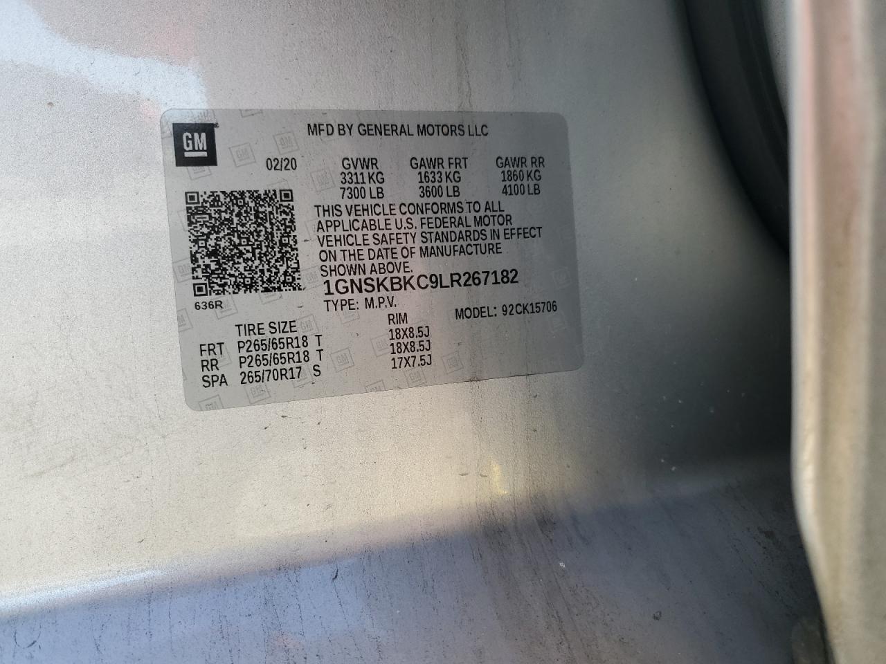 2020 Chevrolet Tahoe VIN 1GNSKBKC9LR267182 Copart auction photo, front end damage thumbnail 16