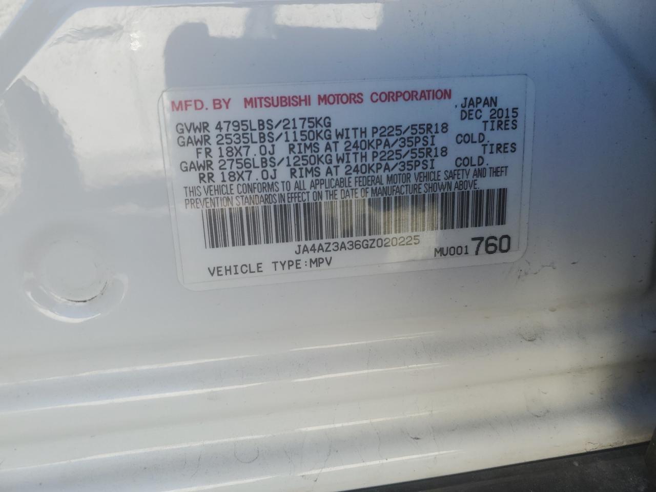 2016 Mitsubishi Outlander VIN JA4AZ3A36GZ020225 Copart auction photo, front end damage thumbnail 14