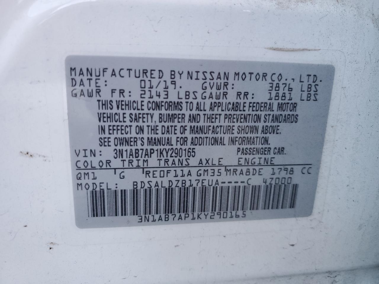 2019 Nissan Sentra VIN 3N1AB7AP1KY290165 Copart auction photo, front end damage thumbnail 5