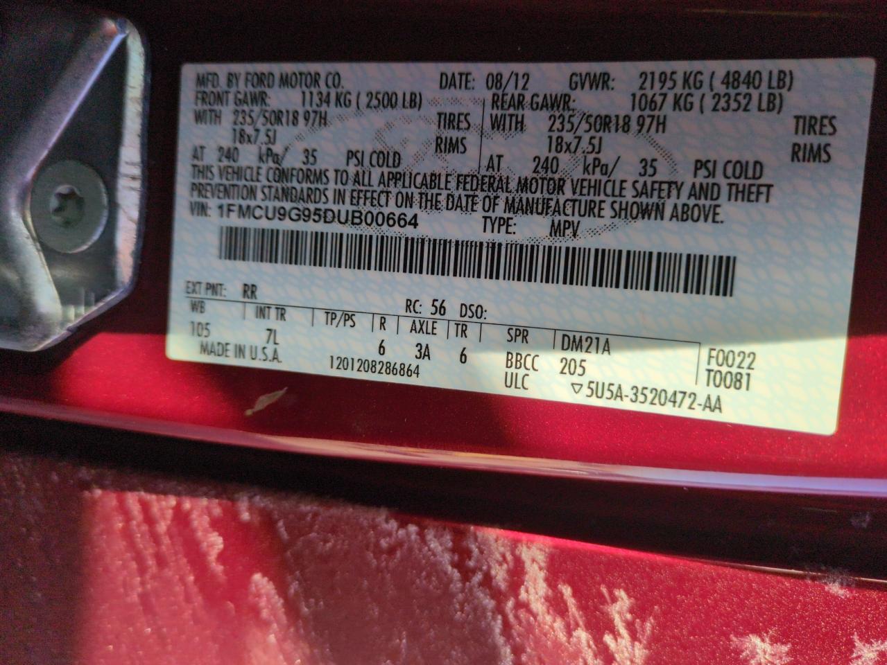 2013 Ford Escape VIN 1FMCU9G95DUB00664 Copart auction photo, front end damage thumbnail 12