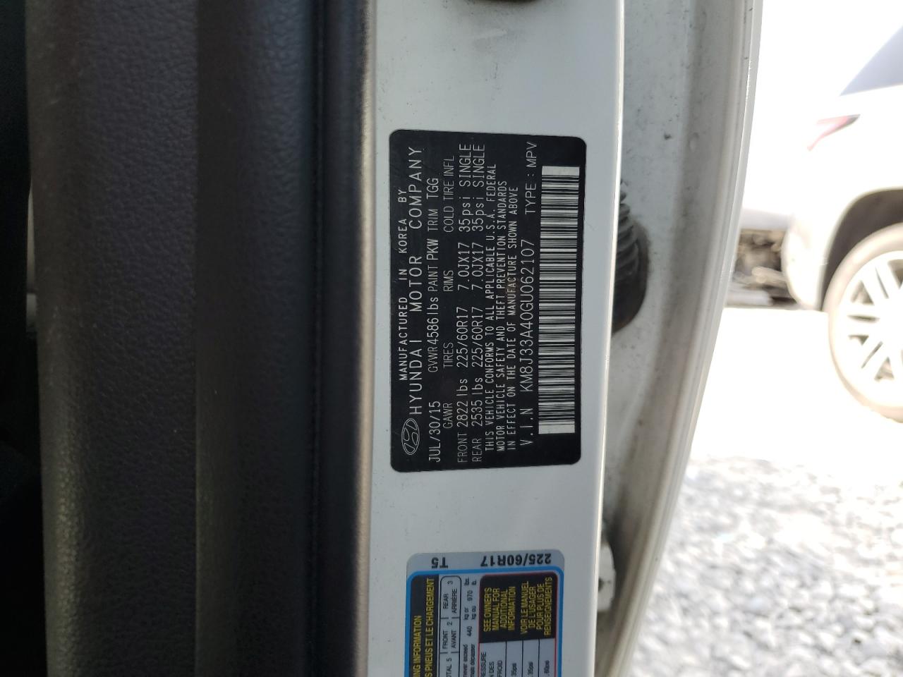2016 Hyundai Tucson VIN KM8J33A40GU062107 Copart auction photo, rear end damage thumbnail 13