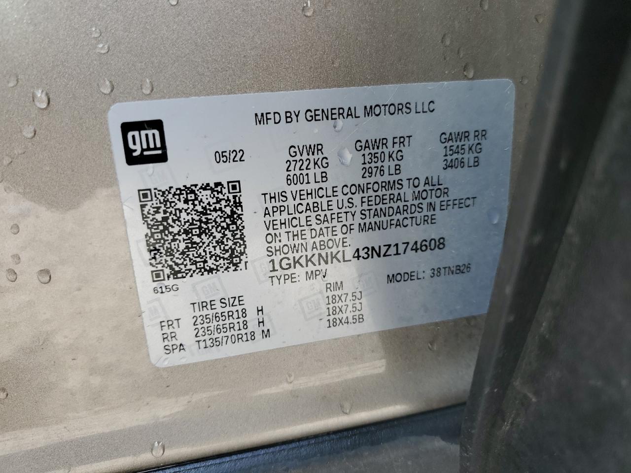2022 GMC Acadia VIN 1GKKNKL43NZ174608 Copart auction photo, rear end damage thumbnail 14