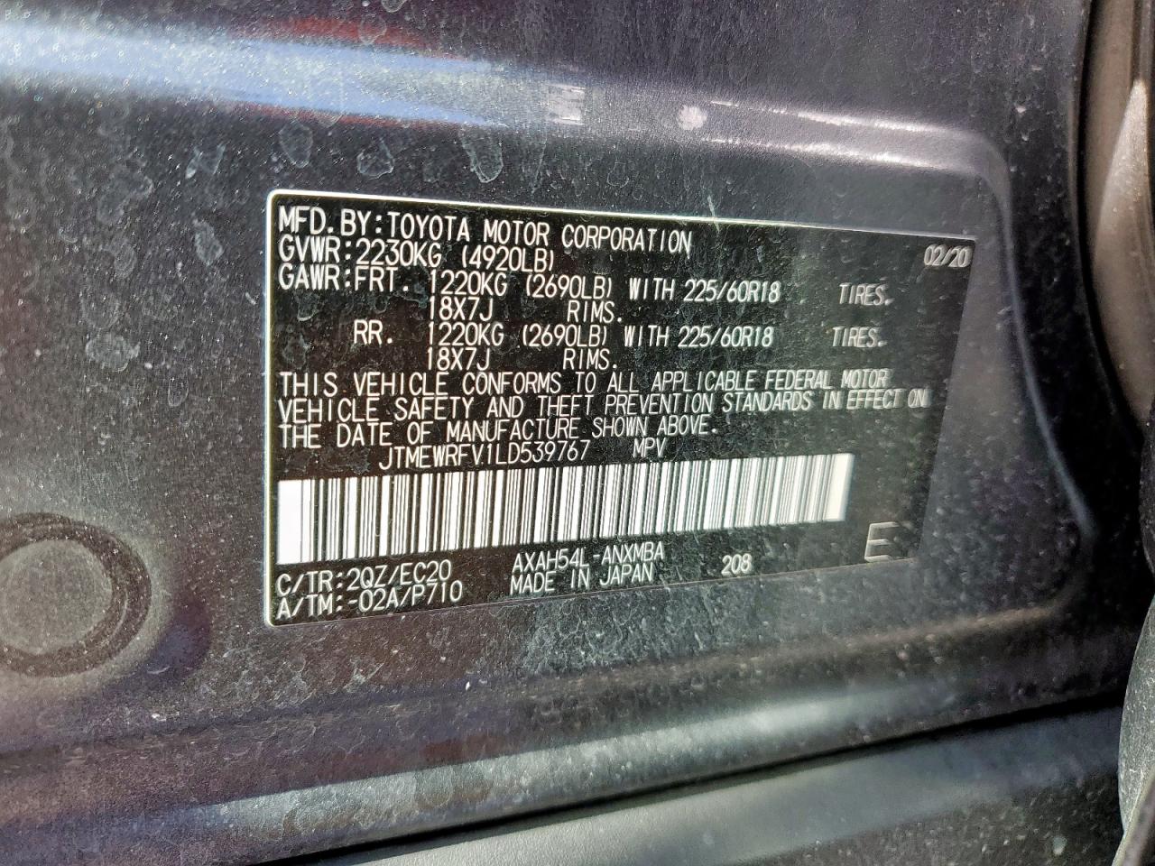 2020 Toyota RAV 4 VIN JTMEWRFV1LD539767 Copart auction photo, front end / minor dent/scratches damage thumbnail 14