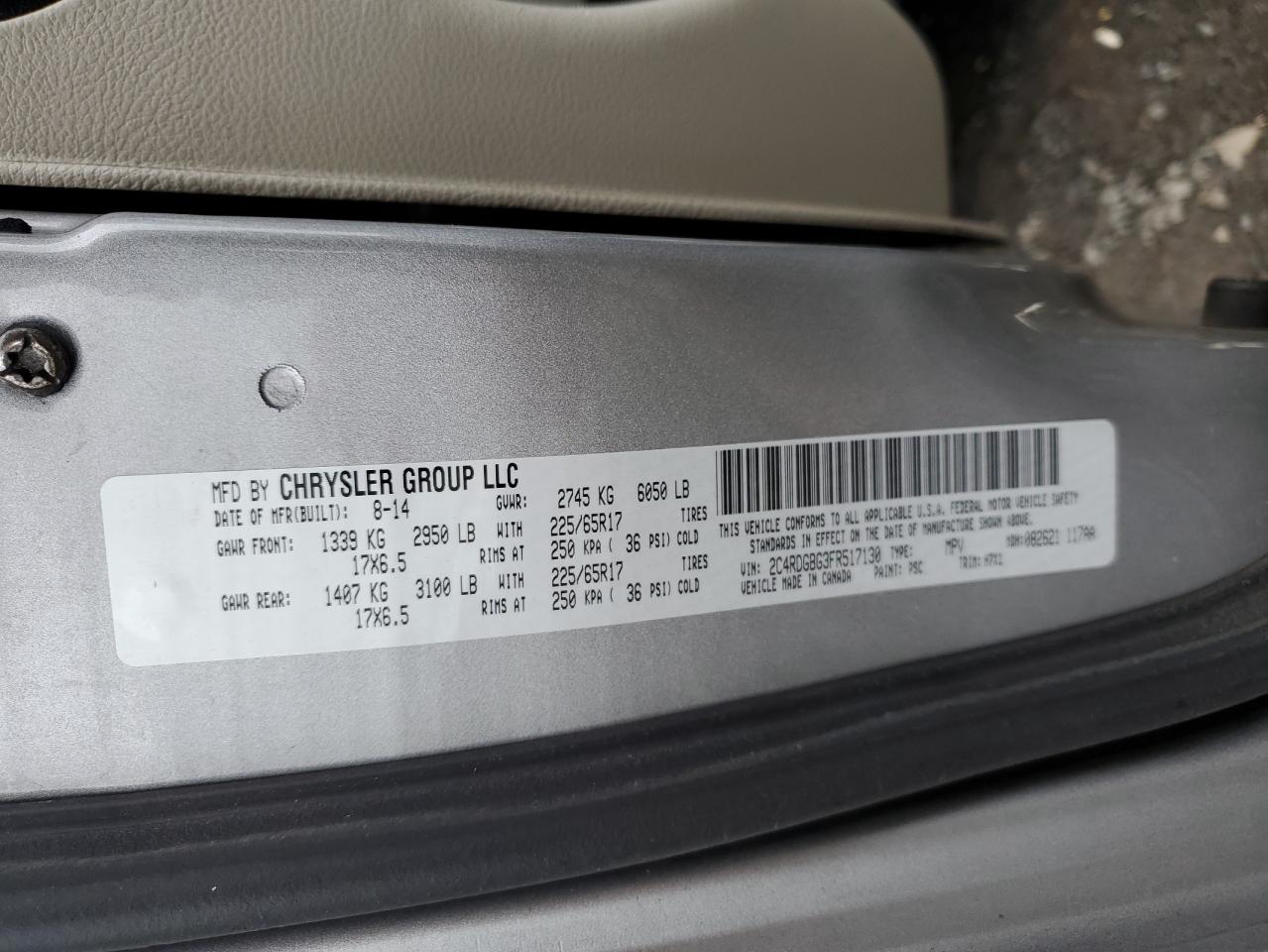 2015 Dodge Caravan VIN 2C4RDGBG3FR517130 Copart auction photo, front end damage thumbnail 14