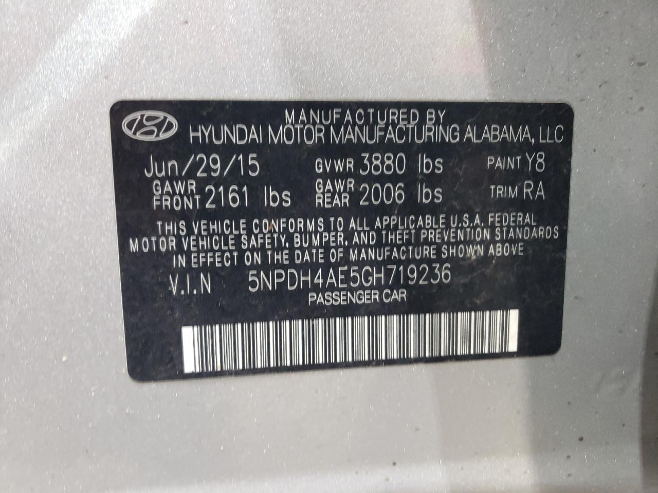 2016 Hyundai Elantra VIN 5NPDH4AE5GH719236 Copart auction photo, front end / side damage thumbnail 13