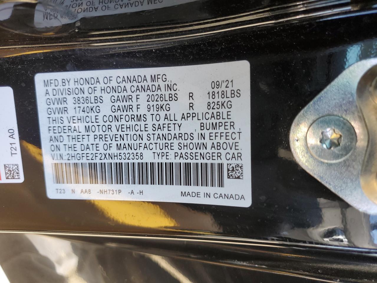 2022 Honda Civic VIN 2HGFE2F2XNH532358 Copart auction photo, front end damage thumbnail 14