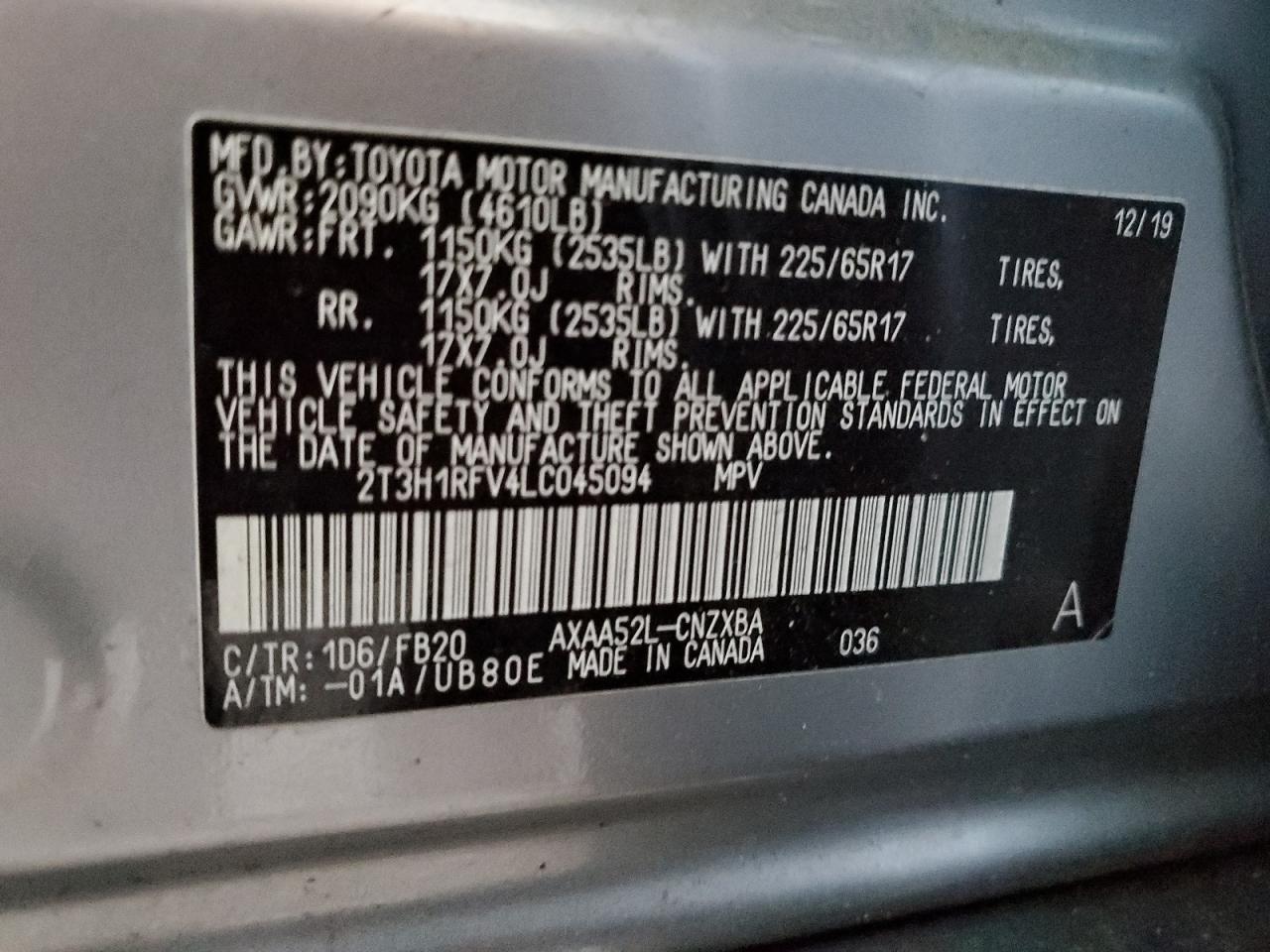2020 Toyota RAV 4 VIN 2T3H1RFV4LC045094 Copart auction photo, side damage thumbnail 12