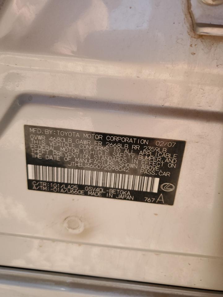 2007 Lexus ES VIN JTHBJ46G072098042 Copart auction photo, side / rear end damage thumbnail 12