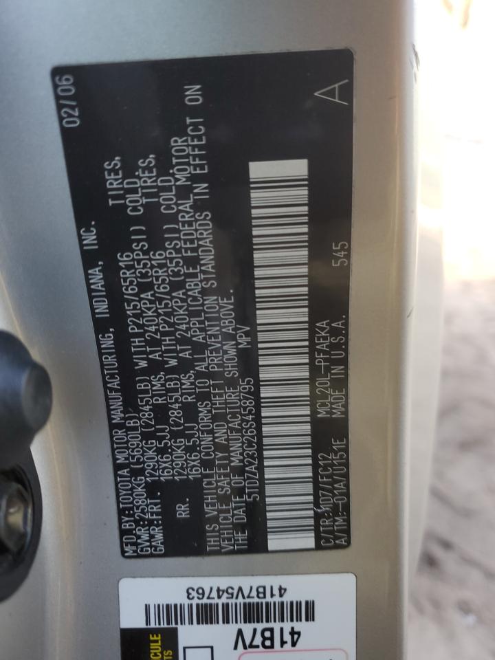 2006 Toyota Sienna VIN 5TDZA23C26S458795 Copart auction photo, rear end / side damage thumbnail 15