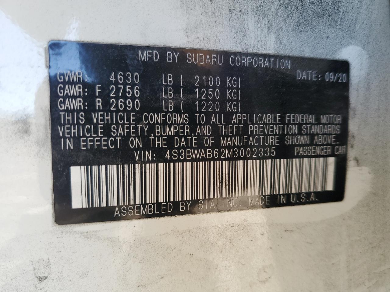 2021 Subaru Legacy VIN 4S3BWAB62M3002335 Copart auction photo, all over damage thumbnail 14