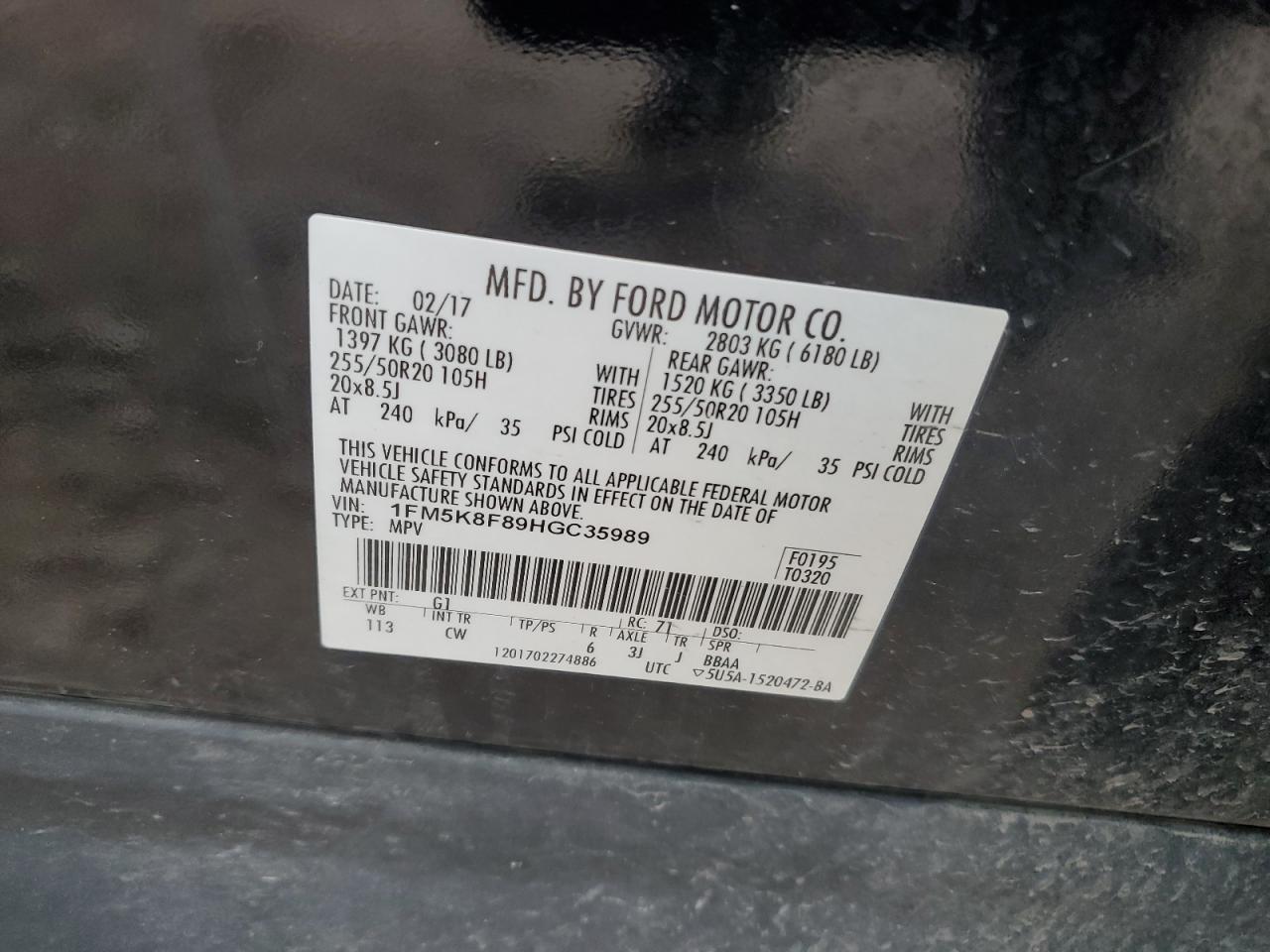 2017 Ford Explorer VIN 1FM5K8F89HGC35989 Copart auction photo, front end damage thumbnail 13