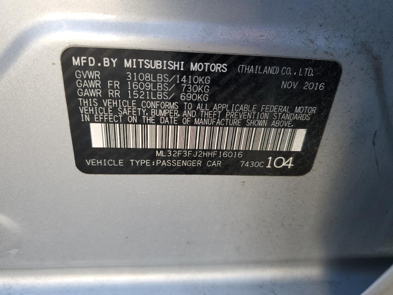 2017 Mitsubishi Mirage VIN ML32F3FJ2HHF16016 Copart auction photo, front end / rear end damage thumbnail 12