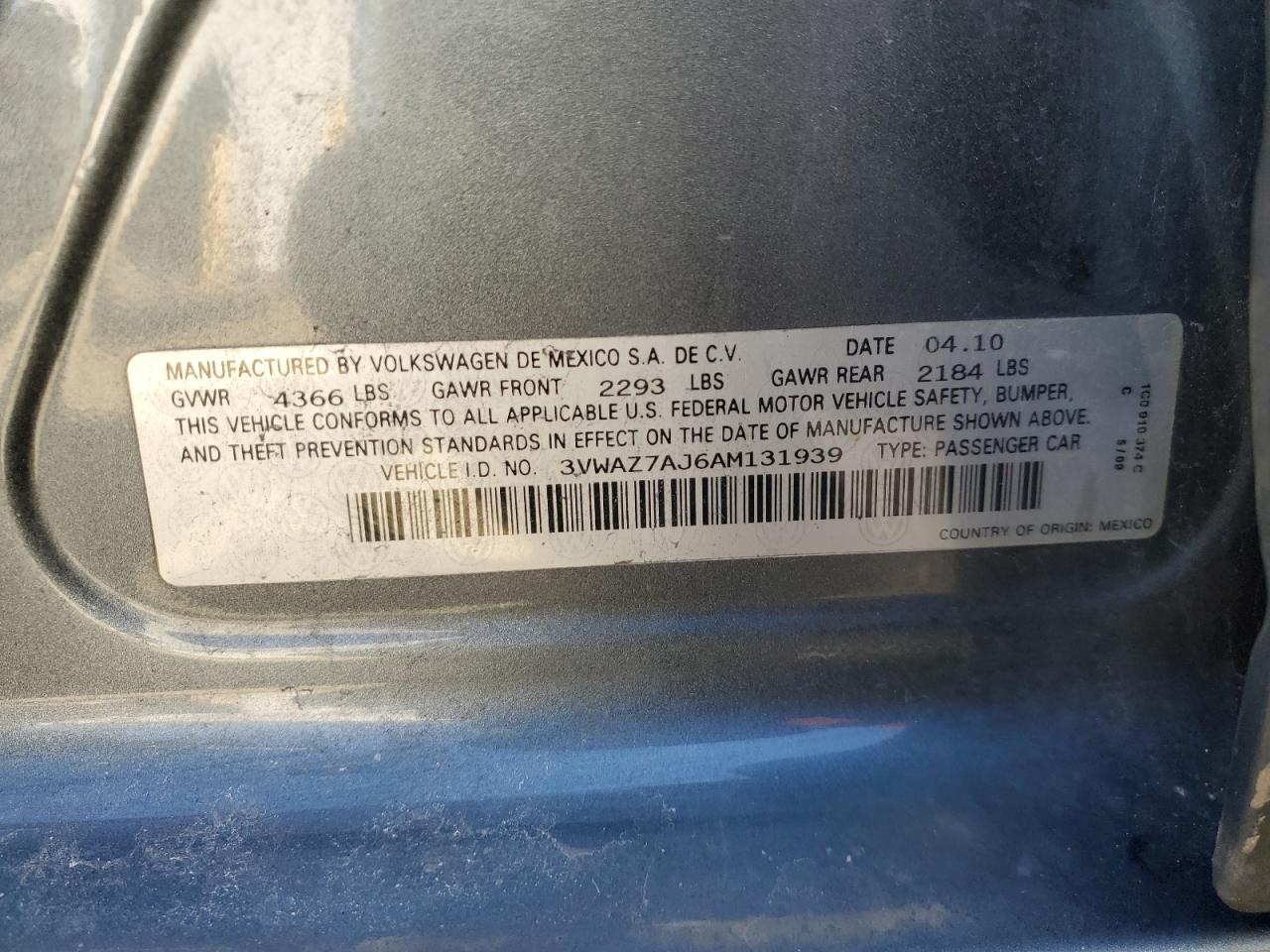 2010 Volkswagen Jetta VIN 3VWAZ7AJ6AM131939 Copart auction photo, front end / side damage thumbnail 12