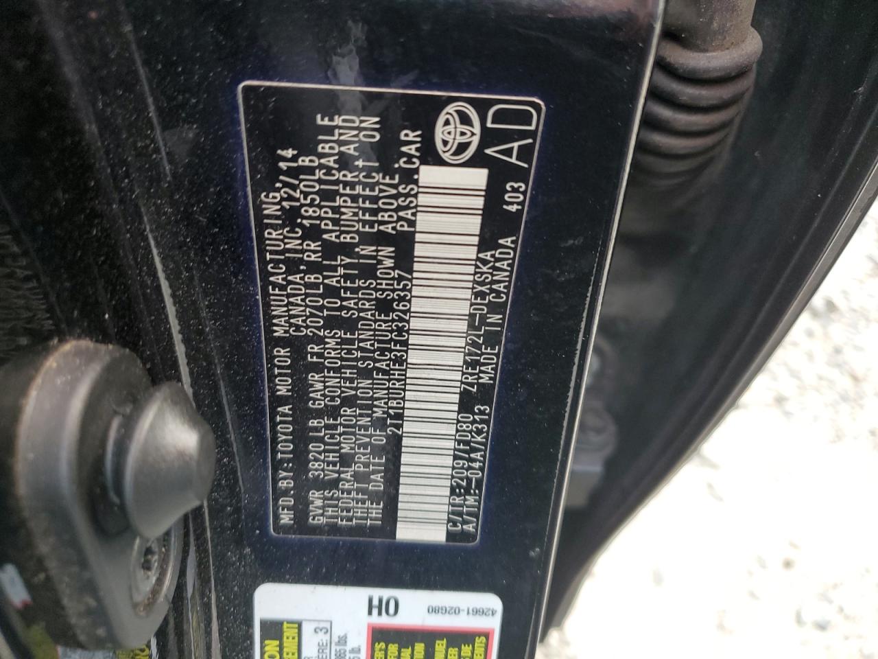 2015 Toyota Corolla VIN 2T1BURHE3FC326357 Copart auction photo, water/flood damage thumbnail 13