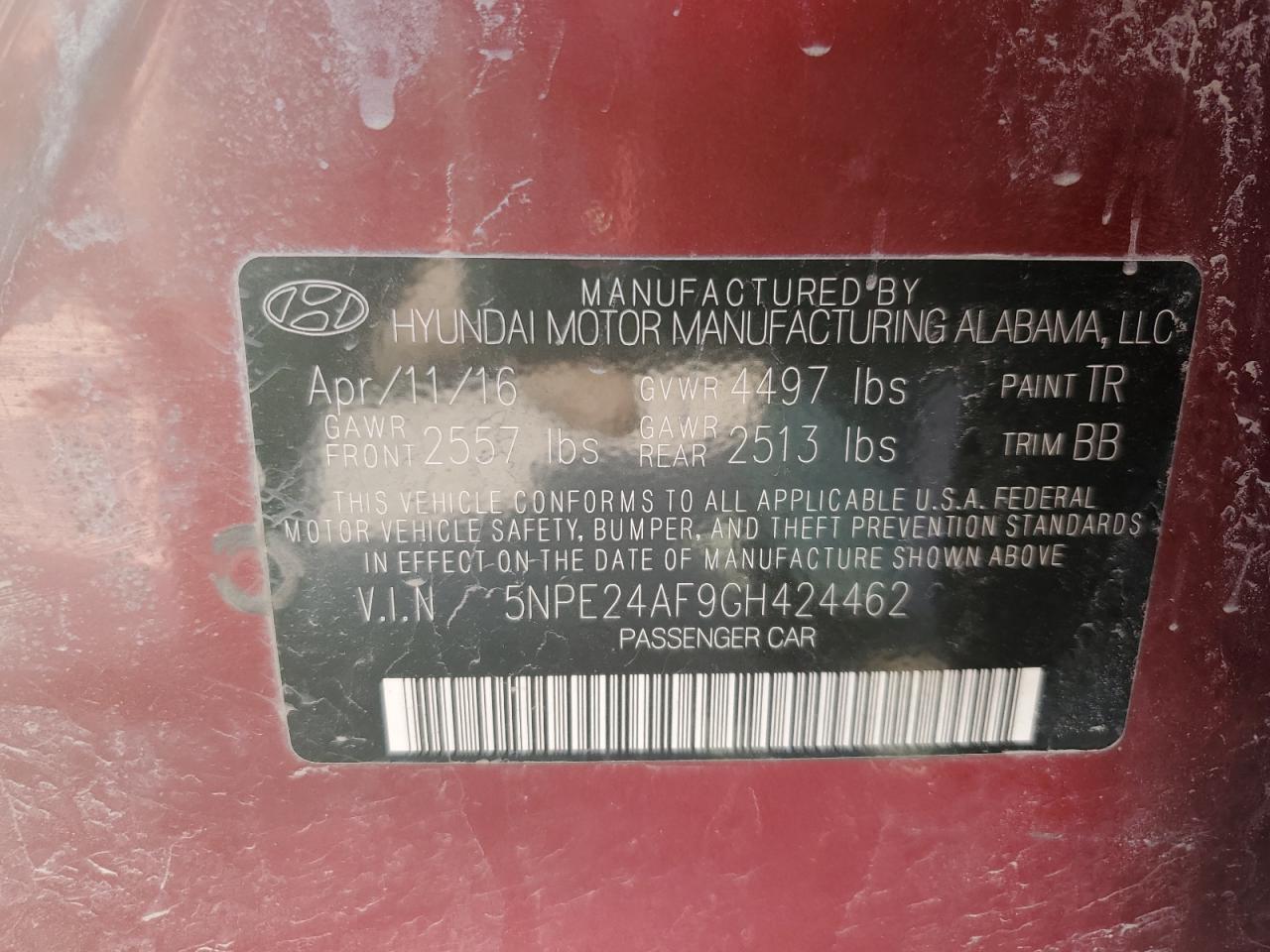 2016 Hyundai Sonata VIN 5NPE24AF9GH424462 Copart auction photo, front end / side damage thumbnail 12