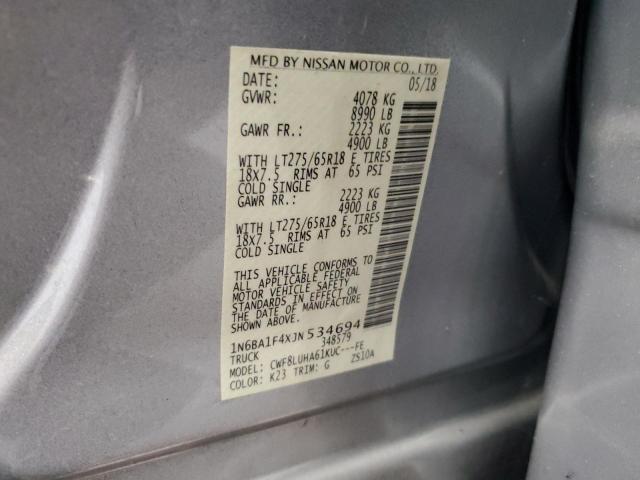 2018 Nissan Titan VIN 1N6BA1F4XJN534694 Copart auction photo, burn - interior damage thumbnail 12
