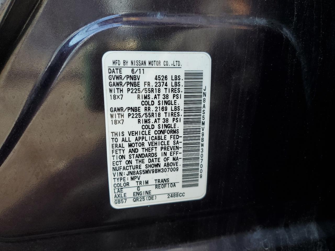 2011 Nissan Rogue VIN JN8AS5MV9BW307009 Copart auction photo, front end / side damage thumbnail 13