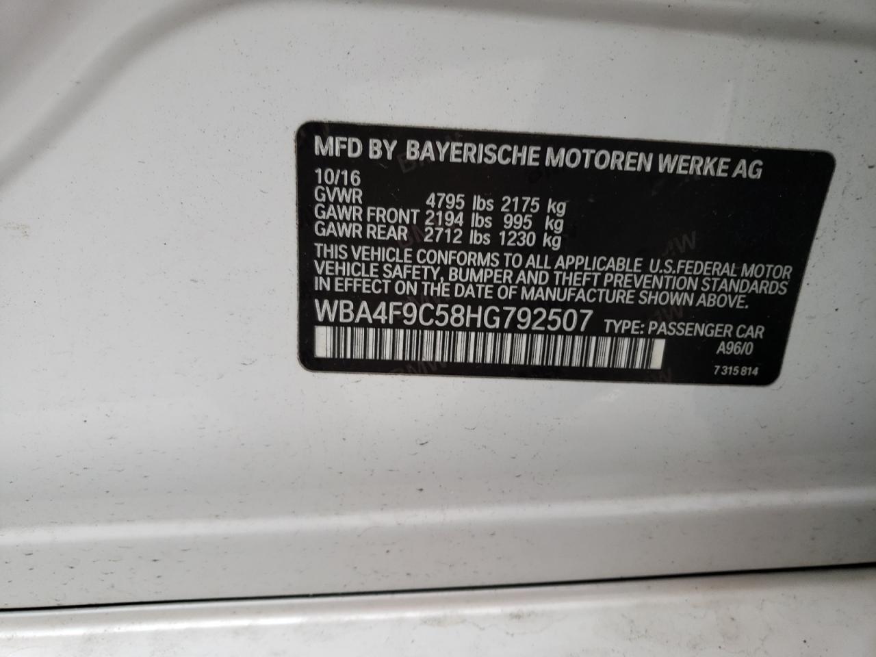2017 BMW 4er VIN WBA4F9C58HG792507 Copart auction photo, front end damage thumbnail 14