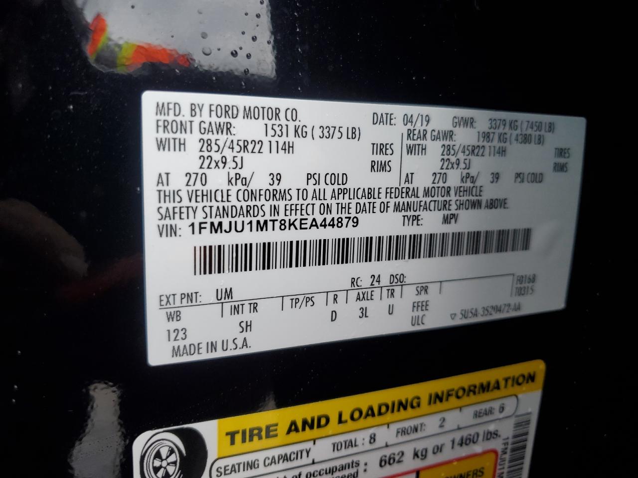 2019 Ford Expedition VIN 1FMJU1MT8KEA44879 Copart auction photo, front end damage thumbnail 13