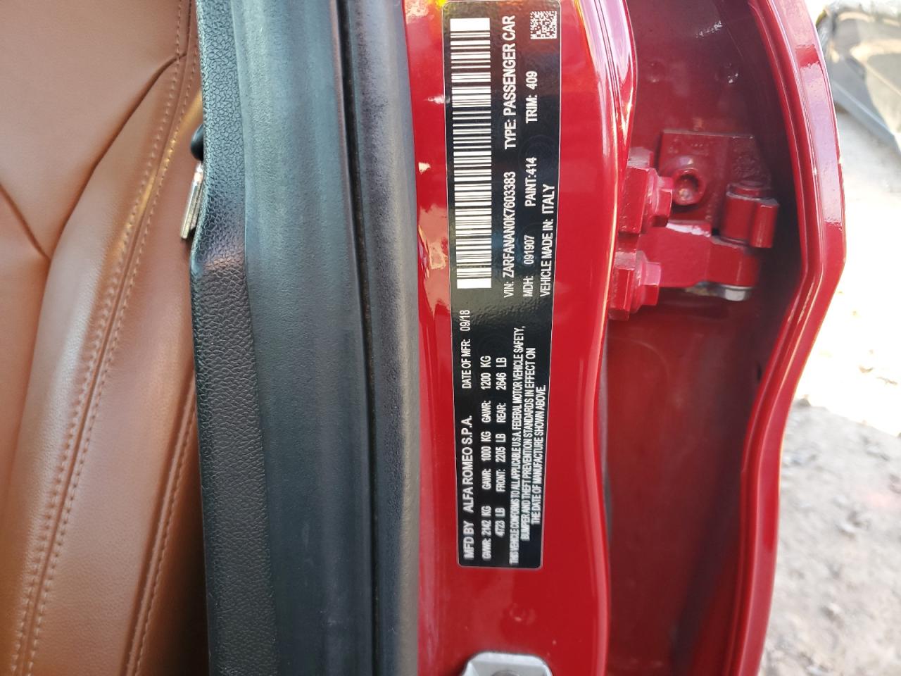 2019 Alfa Romeo Giulia VIN ZARFANAN0K7603383 Copart auction photo, front end damage thumbnail 12