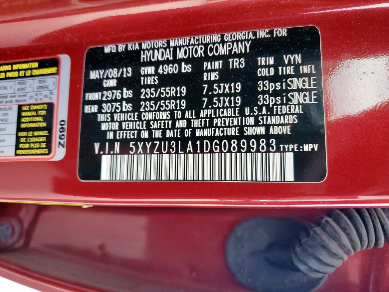 2013 Hyundai Santa Fe VIN 5XYZU3LA1DG089983 Copart auction photo, rear end damage thumbnail 14