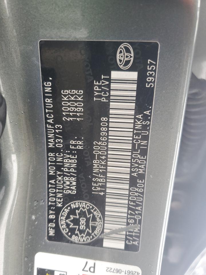 2013 Toyota Camry VIN 4T1BF1FK4DU669808 Copart auction photo, front end / side damage thumbnail 13