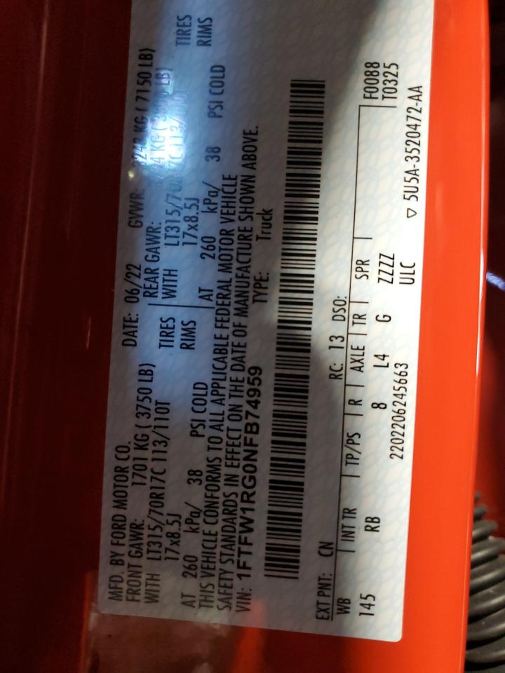 2022 Ford F-150 VIN 1FTFW1RG0NFB74959 Copart auction photo, rear end damage thumbnail 12