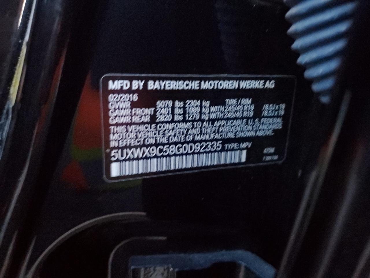 2016 BMW X3 VIN 5UXWX9C58G0D92335 Copart auction photo, front end damage thumbnail 16