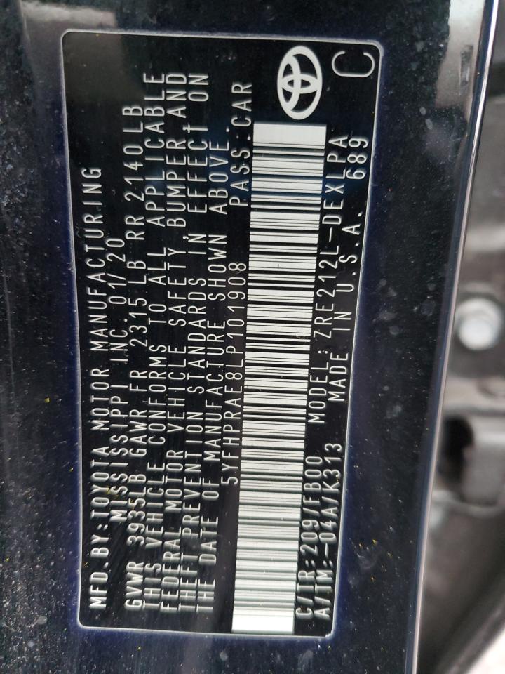 2020 Toyota Corolla VIN 5YFHPRAE8LP101908 Copart auction photo, mechanical damage thumbnail 12