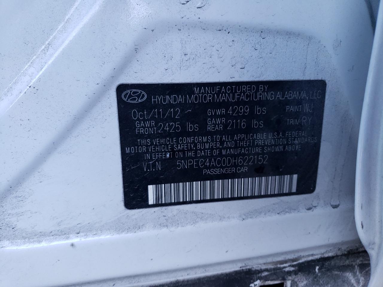 2013 Hyundai Sonata VIN 5NPEC4AC0DH622152 Copart auction photo, side / rear end damage thumbnail 13