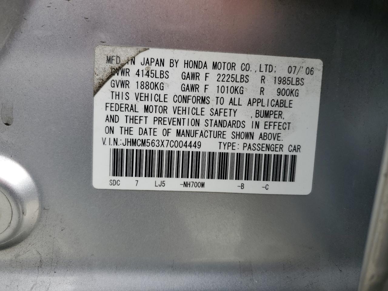 2007 Honda Accord VIN JHMCM563X7C004449 Copart auction photo, all over damage thumbnail 13