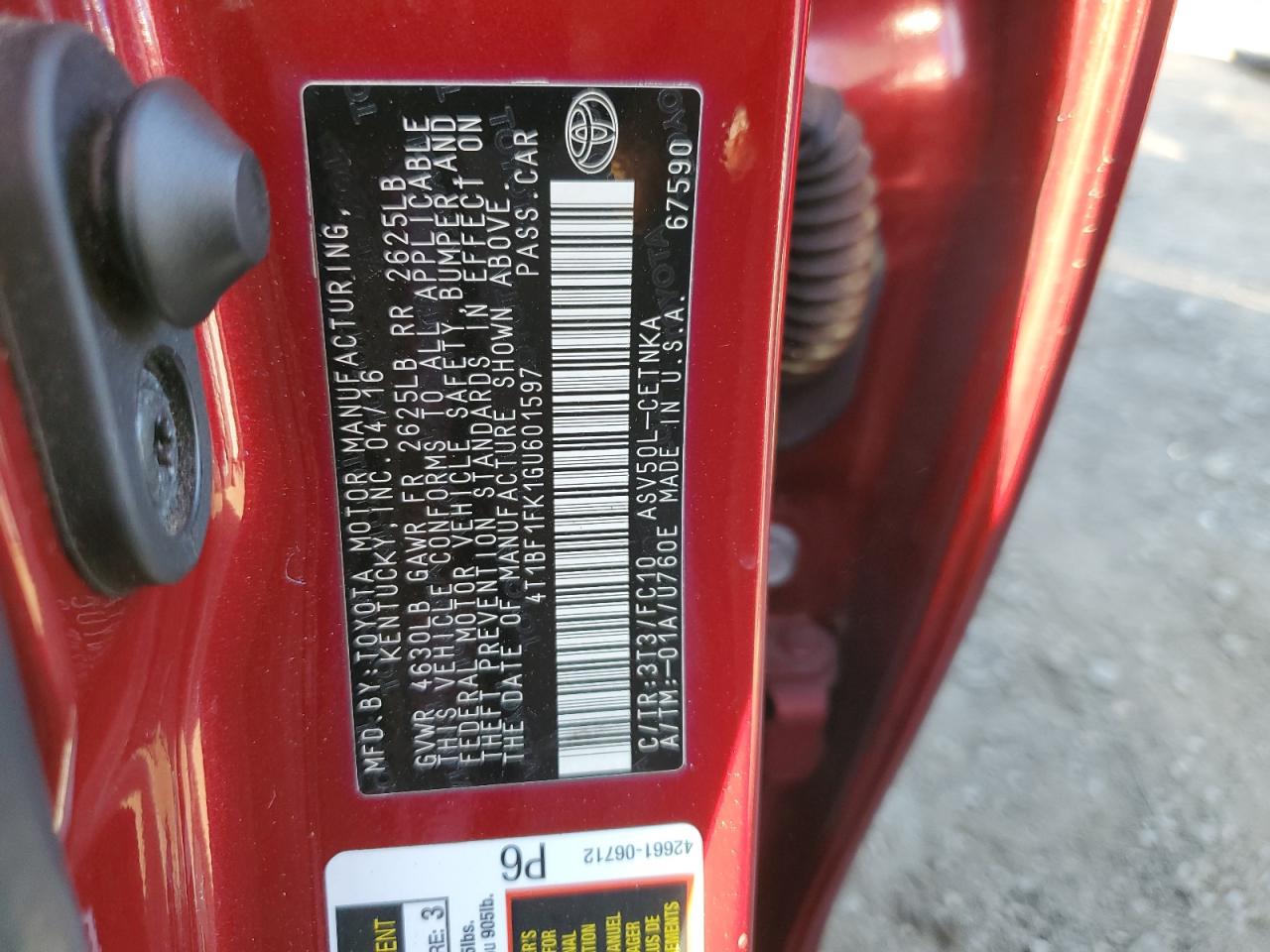 2016 Toyota Camry VIN 4T1BF1FK1GU601597 Copart auction photo, front end damage thumbnail 12