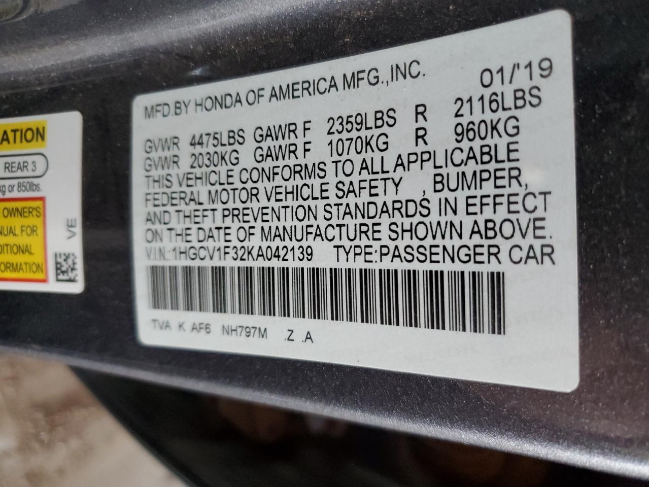 2019 Honda Accord VIN 1HGCV1F32KA042139 Copart auction photo, front end damage thumbnail 12
