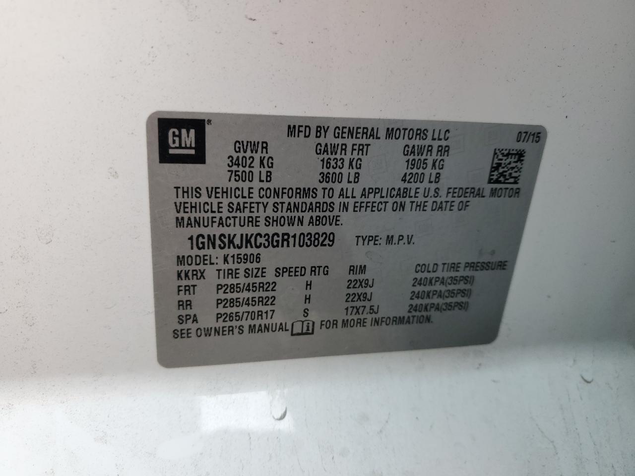 2016 Chevrolet Suburban VIN 1GNSKJKC3GR103829 Copart auction photo, front end damage thumbnail 13
