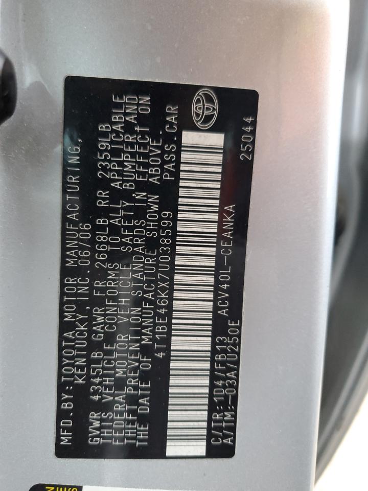 2007 Toyota Camry VIN 4T1BE46KX7U038599 Copart auction photo, side damage thumbnail 12