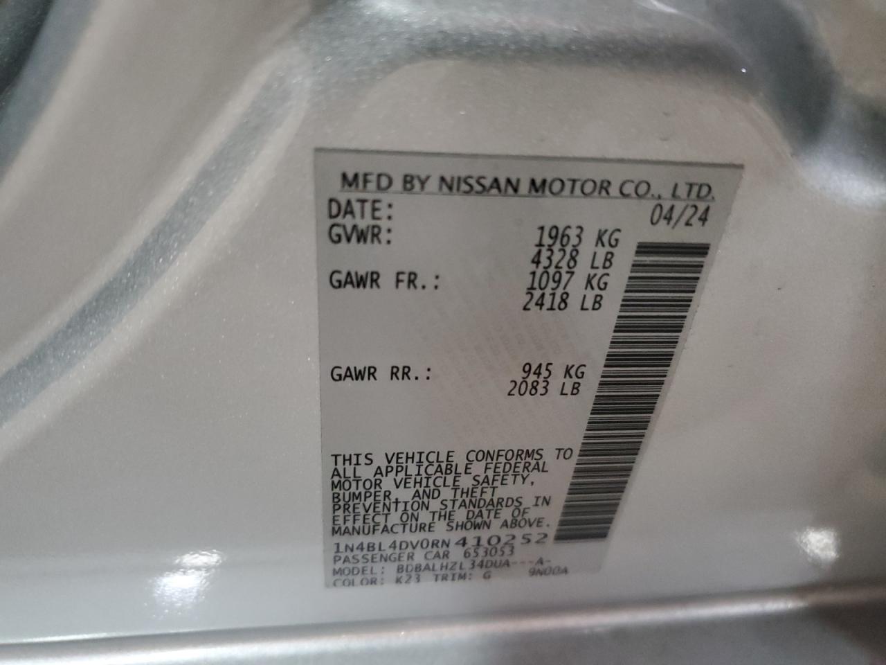 2024 Nissan Altima VIN 1N4BL4DV0RN410252 Copart auction photo, front end damage thumbnail 13