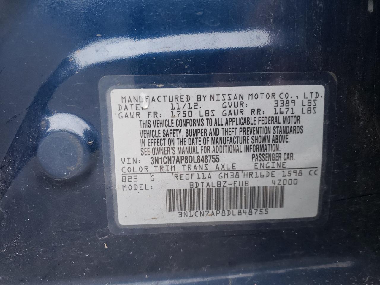 2013 Nissan Versa VIN 3N1CN7AP8DL848755 Copart auction photo, minor dent/scratches damage thumbnail 14