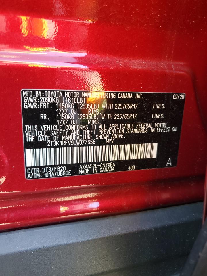 2020 Toyota RAV 4 VIN 2T3K1RFV9LW077656 Copart auction photo, rear end / minor dent/scratches damage thumbnail 12